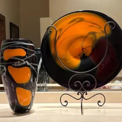 Hand Blown Large Glass Vase and Disk 