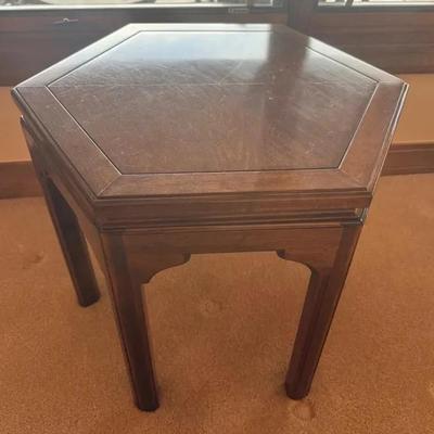 Wooden Hexagon End Table With Asian Flair