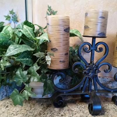 Home Decor: Artificial Plat and Metal Candelabra with Aspen "Bark" Candles