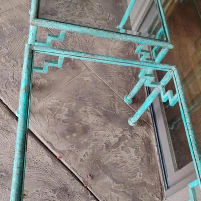 2 Turquoise Colored Metal Tables Tables - 1 Missing Glass