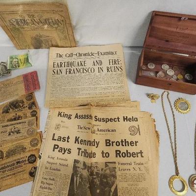 12kGF Necklace, Old Newspapers, Coins
