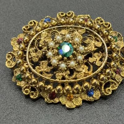 Vintage  Auroro Borealis Rhinestone and Faux Pearl Brooch