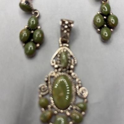 Sterling  and Jade Pendant  and Earrings 