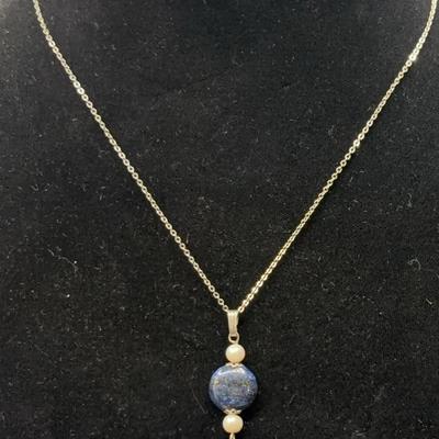 Silver Tone Necklace  With Faux Pearl  And Blue Beads