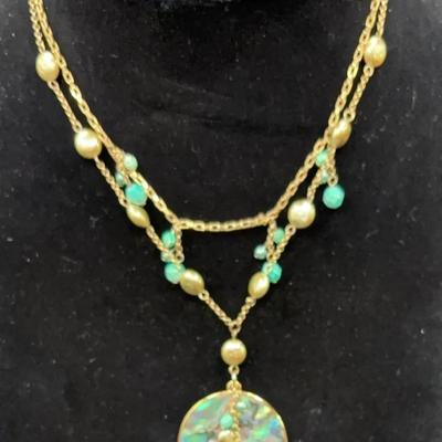 Gold Tone Necklace  with Abalone Shell and Green Beads