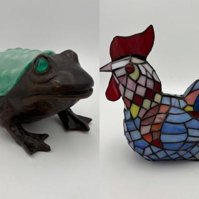 Vintage Metal & Glass Frog & Chicken Lamp Duo