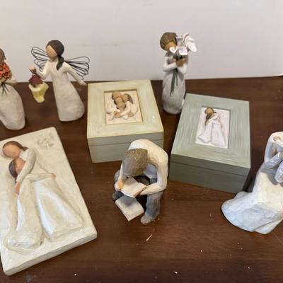 Collection of Willow Tree figurines and memory boxes