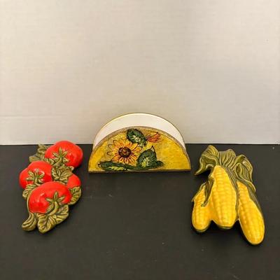 Ceramic Kitchen Décor Set – Sunflower Napkin Holder + Tomato & Corn Wall Plaques