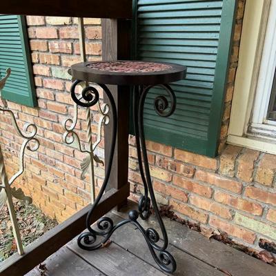 Black Metal And Red Ceramic Tile Plant Stand