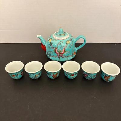 Chinese Porcelain Teapot Set – Turquoise Floral Design – Teapot + 6 Matching Cups