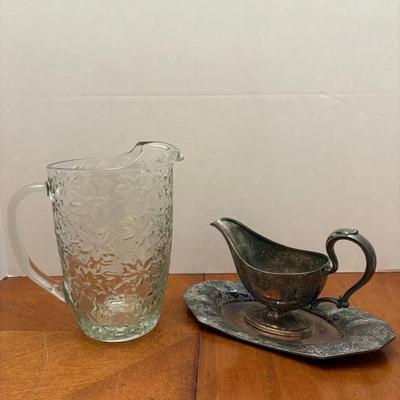 Harbour S. P. Co. Silverplate Gravy Boat with Tray and Floral Glass Pitcher