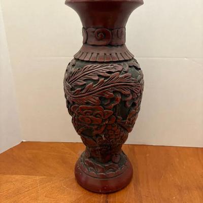 Vintage Carved Cinnabar Style Decorative Vase, 15 Inches