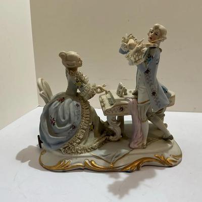 Dresden-Style Porcelain Lace Figurine Group Depicting A Courting Couple Playing Music