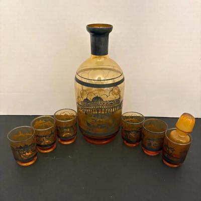 Vintage Amber Decanter Set with Scenic Design