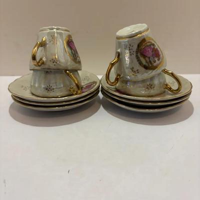 Vintage Japan Lusterware Demitasse Cups and Saucers, Romantic Courting Scene