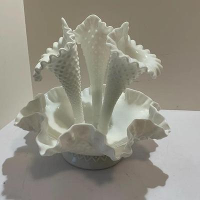 Amazing Fenton white milk glass hobnail epergne with three horns
