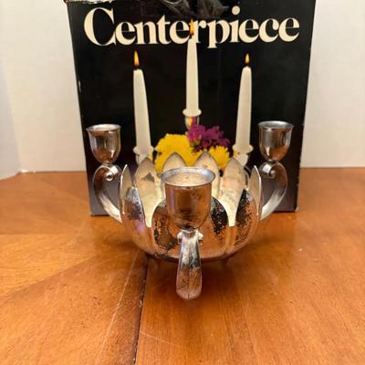 Vintage Silver Tone 3 Arm Candle Centerpiece Holder with Original Box