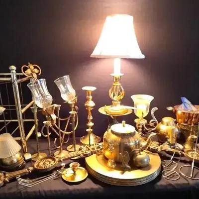 Collection of Brass Home Décor & Accessories Featuring Candle Holders, Lamp, Kettle & Magazine Rack