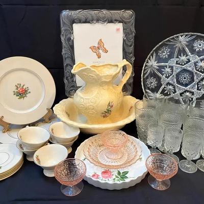 Fine Arts China “Romance Rose” Dinnerware Collection with Crystal Glassware & Decorative Pitcher Bas