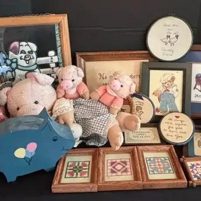 Country-Themed Embroidery Collection Featuring Framed Quilts, Stained Glass Pig & Pig Figurines