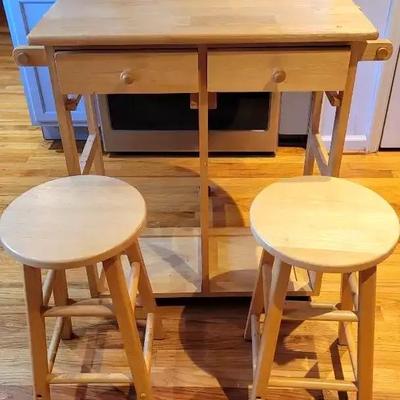 Wooden Rolling Breakfast Cart with Two Stools