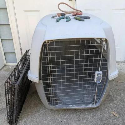 Oversized Plastic Pet Crate with Metal Door, Collapsible Metal Crate & Grooming Tools