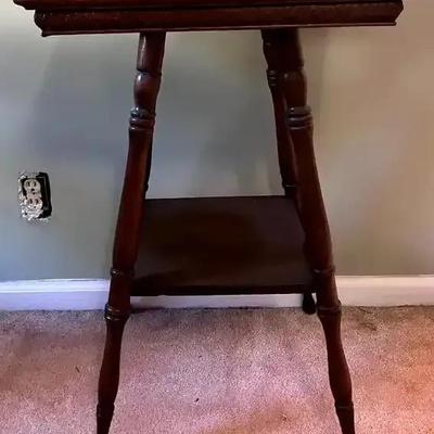 Ornate Two-Tier Wooden Parlor Table with Turned Legs