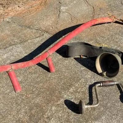 Vintage Farm Tools Collection Featuring Bronze Cow Bell, Scythe & Hand Drill