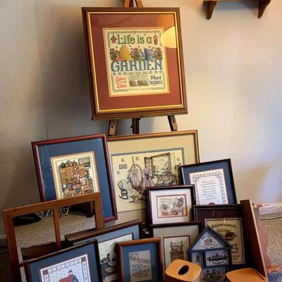 Framed Embroidered Art Collection with Shelves, Mirror & Longaberger Baskets