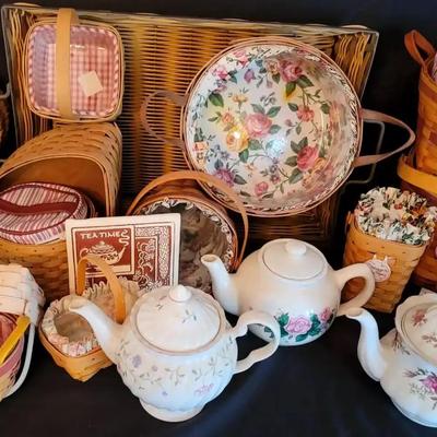 Longaberger Basket Collection Featuring Tea Trays, Floral Liners & Vintage Teapots