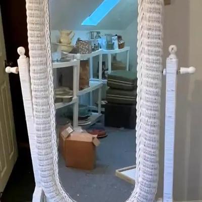 White Wicker Floor Mirror with Adjustable Tilt