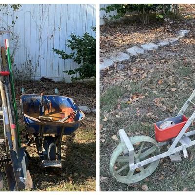Yard Tool Lot Featuring Craftsman Seeder, Gas Edger, Wheelbarrow & More