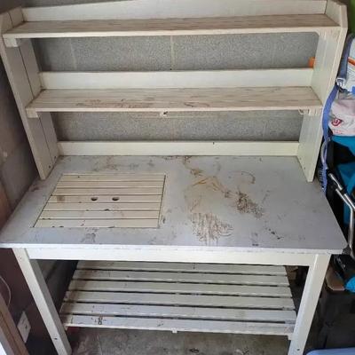 Wood Potting Bench with Upper Shelves & Drop-In Debris Bin