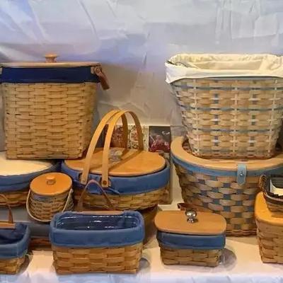 Extensive Longaberger Basket Collection Featuring Sugar & Flour Sets, 1991 Corn Basket & Coastal Bas