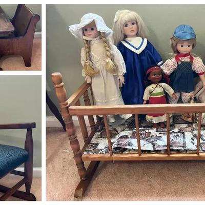 Collection of Dolls with Wooden Furniture Accessories