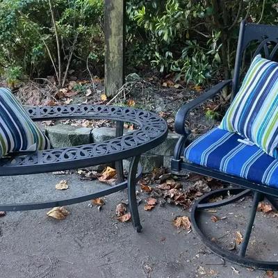 Cast Aluminum Swivel Rocker Chair & Matching Oval Patio Table with Pillows