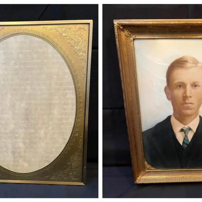 Pair of Antique Gold Picture Frames, Including 24K Gold-Plated Dome Glass Frame