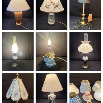 Large Collection of Lamps & Shades Featuring Hurricane and Floral Styles