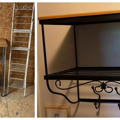 White Wood Cabinet, Ladder Shelf, Rolling Utility Cart & Longaberger Wall Shelf