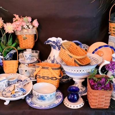 Blue & White China Collection Featuring Delft-Style Pitchers, Porcelain Décor & Longaberger Baskets
