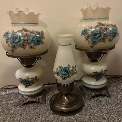 Blue Floral Glass Hurricane Lamps – Set of Three