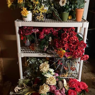 Faux Floral Arrangements with Pots, Baskets, Vases & 3-Tier Shelf