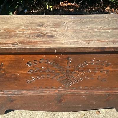 Wooden Chest with Wheat Carving & Metal Handles