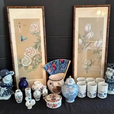 Asian-Style Decor Collection Featuring Framed Silk Paintings & Blue-and-White Porcelain Figurines