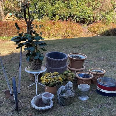 Garden Décor Collection Featuring Antique-Style Single-Wheel Plow, Planters & Concrete Statues