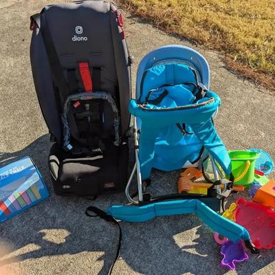 Diono Car Seat, Gerry Backpack Carrier, Sidewalk Chalk & Beach Toys
