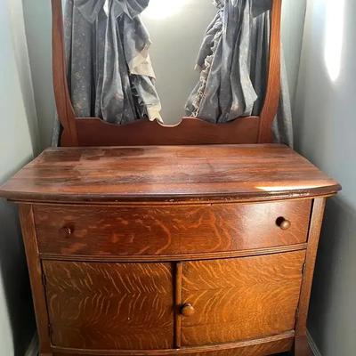 Antique Tiger Oak Washstand with Mirror, Drawer & Lower Cabinet