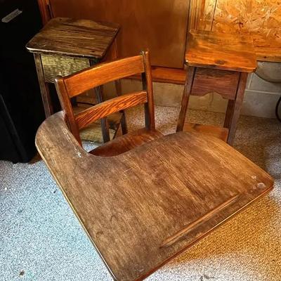 Vintage Wooden School Desk & Pair of Wooden Stools