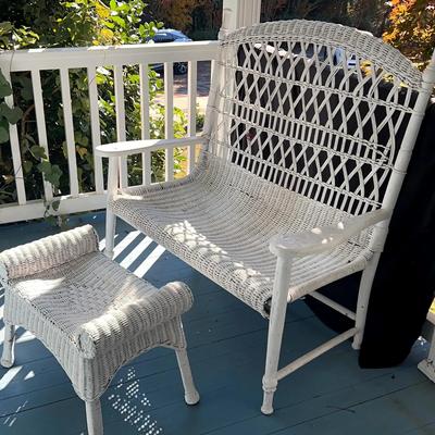 White Wicker Two-Seater Bench & Vanity Stool