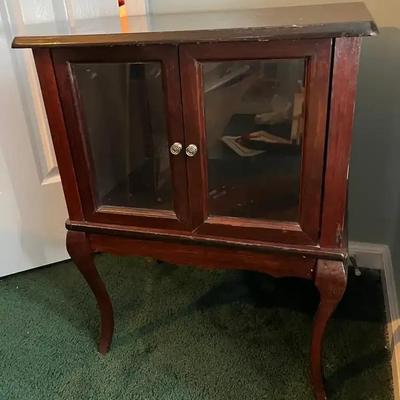 Vintage Wood Curio Cabinet with Glass Doors & Silver-Tone Knobs